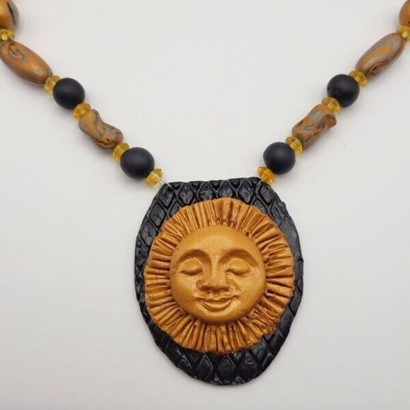 Vintage Handmade Sun Face Marbled Polymer Clay Statement Necklace Magnet Closure - Picture 1 of 4